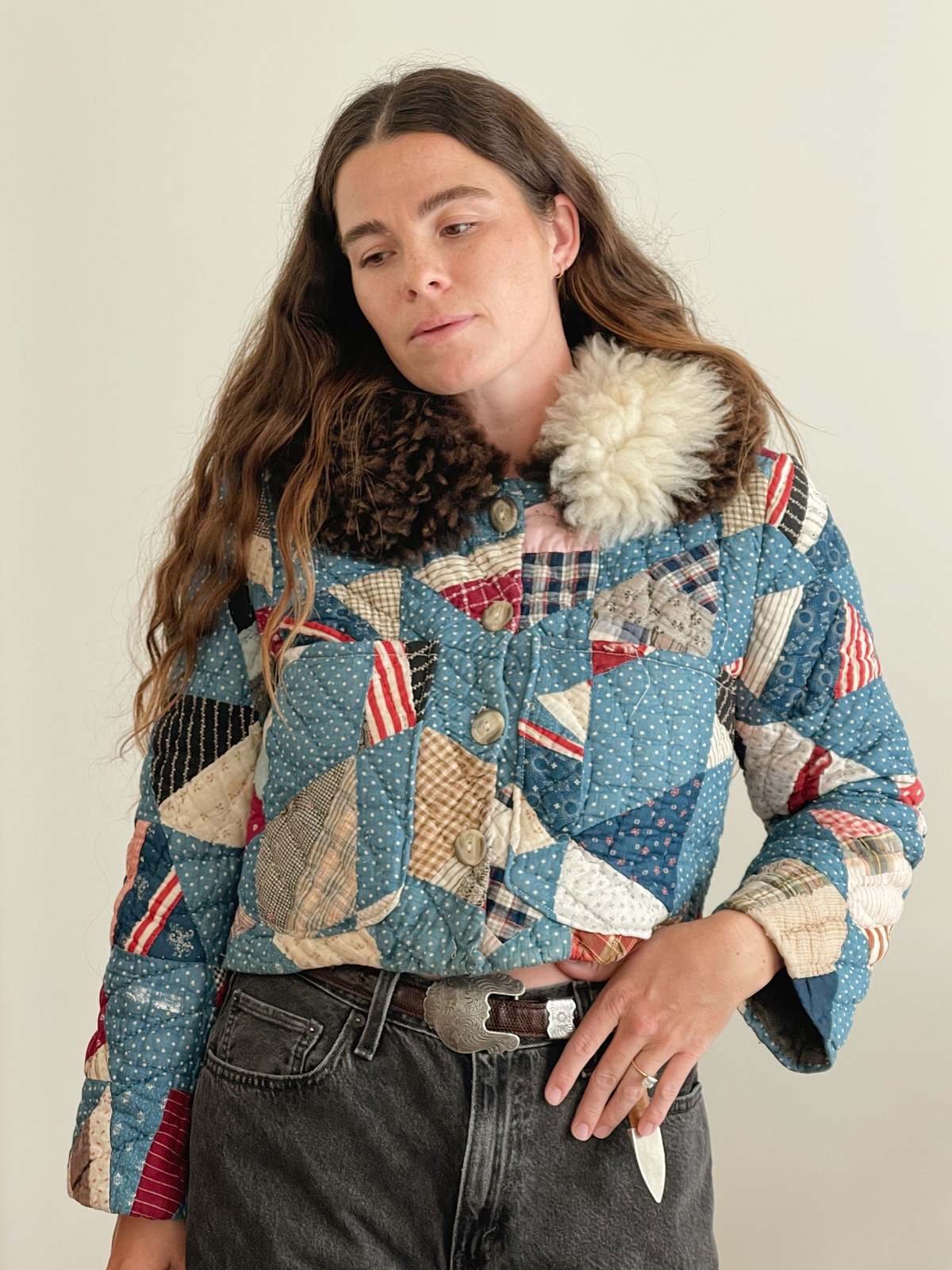 The Ludlow Shop Sheepskin Indigo Dot Quilt Jacket - Indigo Calico - Image 3 of 5