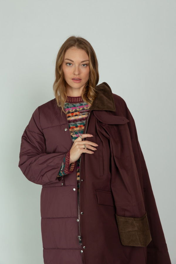 OOFWear Long Coat with Corduroy - Red Brown