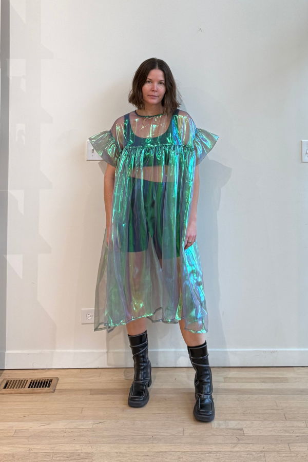 Nettle Studios Gathered Sheer Green Maxi Dress