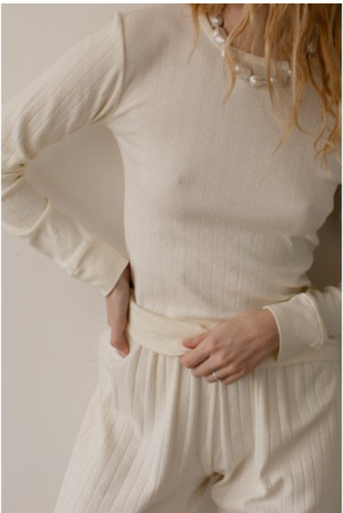Donni. The Pointelle Long Sleeve Top - Creme - Image 1 of 4