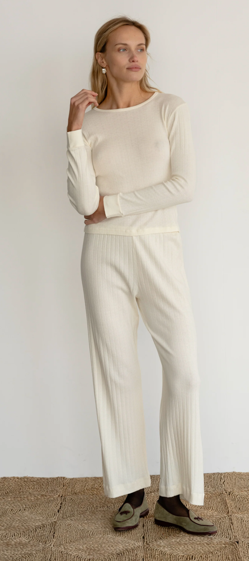 Donni. The Pointelle Long Sleeve Top - Creme