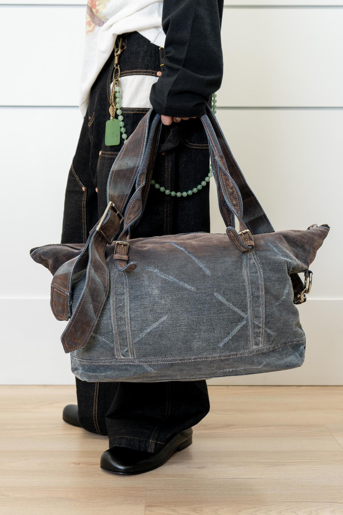 wangxingyu Distressed Flocked Denim Tote Messenger Bag - Image 1 of 1
