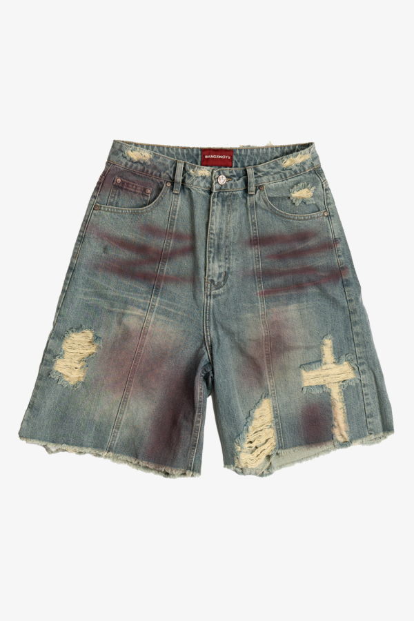wangxingyu Distressed Spray-Dyed Denim Shorts
