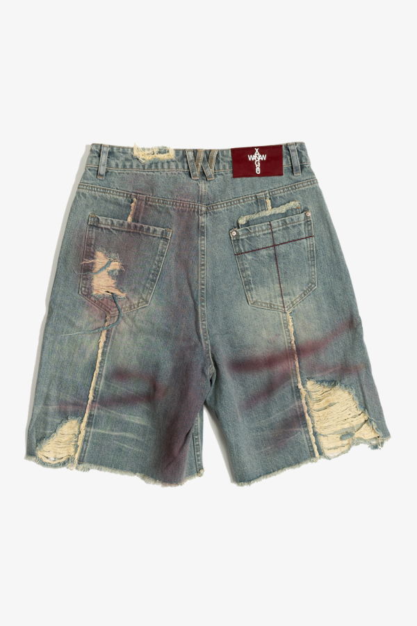 wangxingyu Distressed Spray-Dyed Denim Shorts