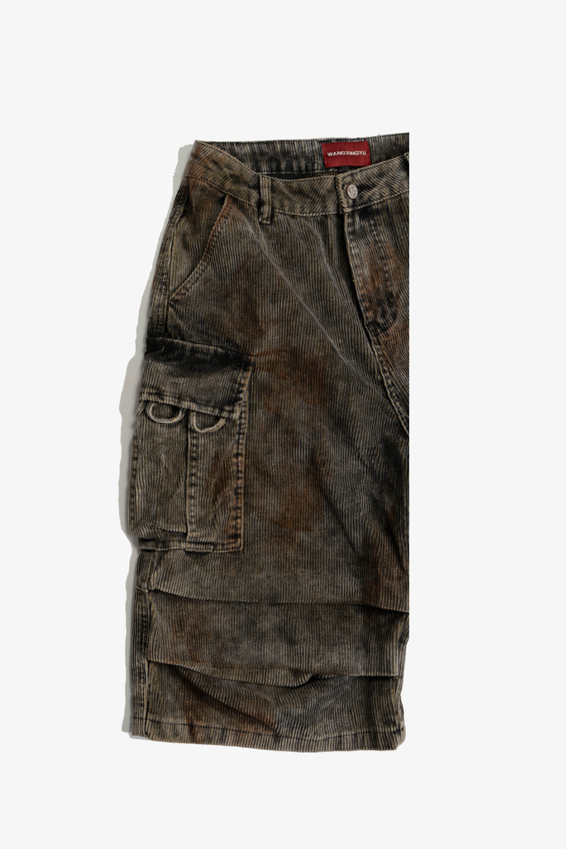 wangxingyu Spray-Dyed Corduroy Cropped Cargo Pants
