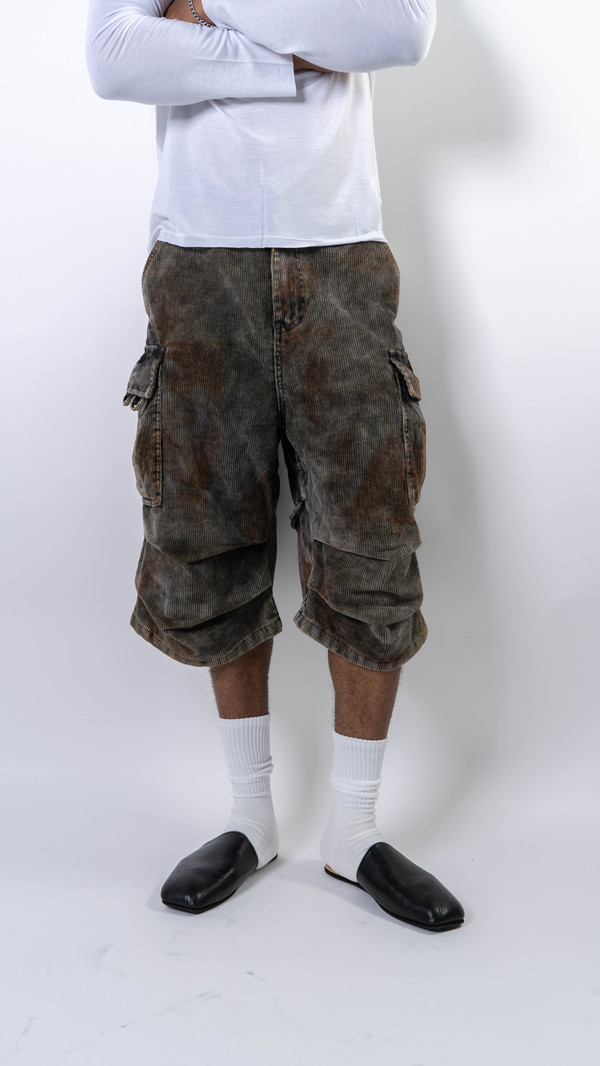 wangxingyu Spray-Dyed Corduroy Cropped Cargo Pants