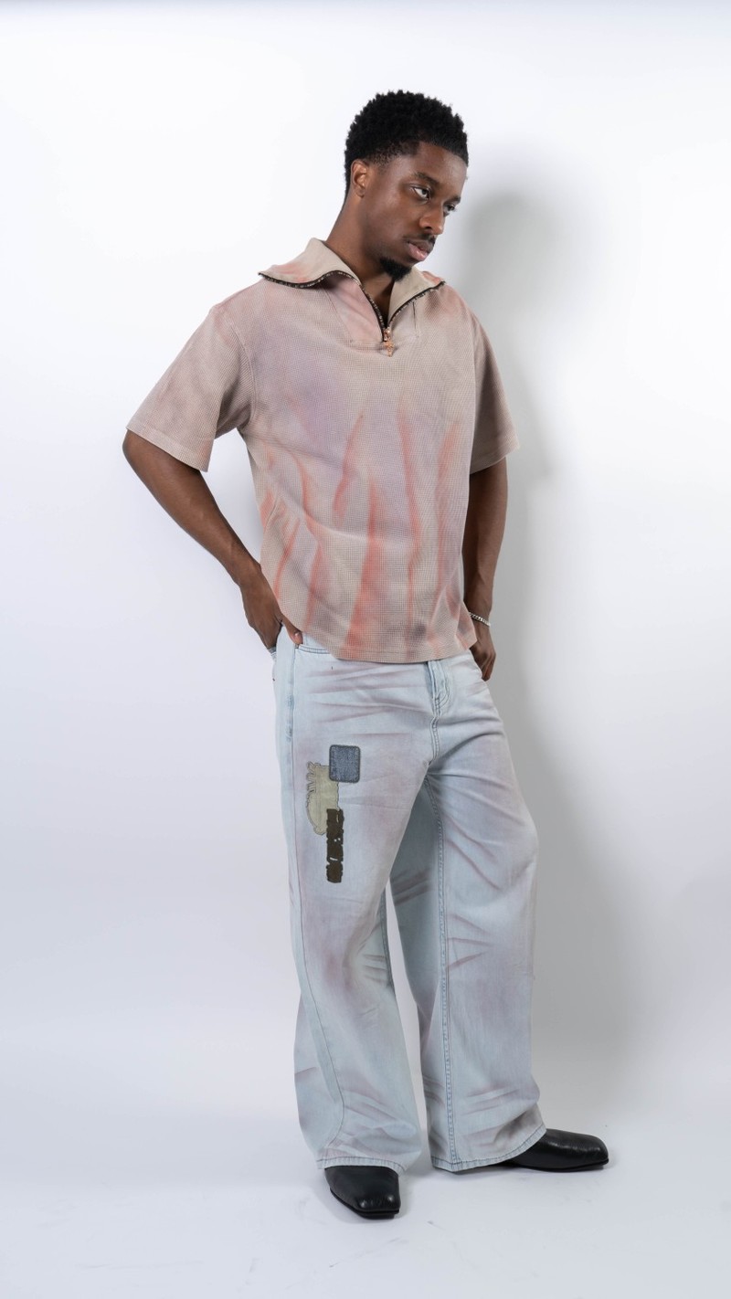 wangxingyu Washed Waffle-Knit Polo Top