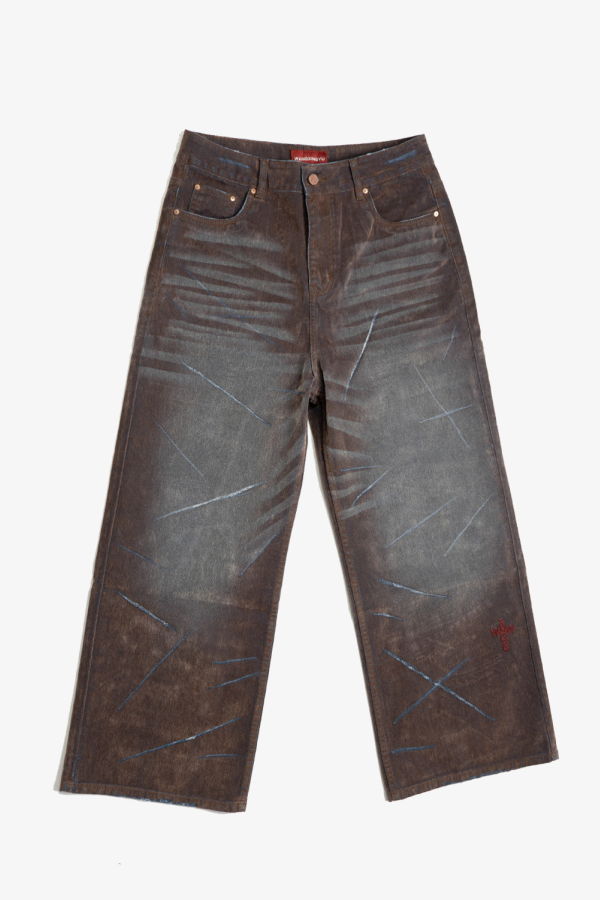 wangxingyu Slashed Washed Baggy Flocked Jeans