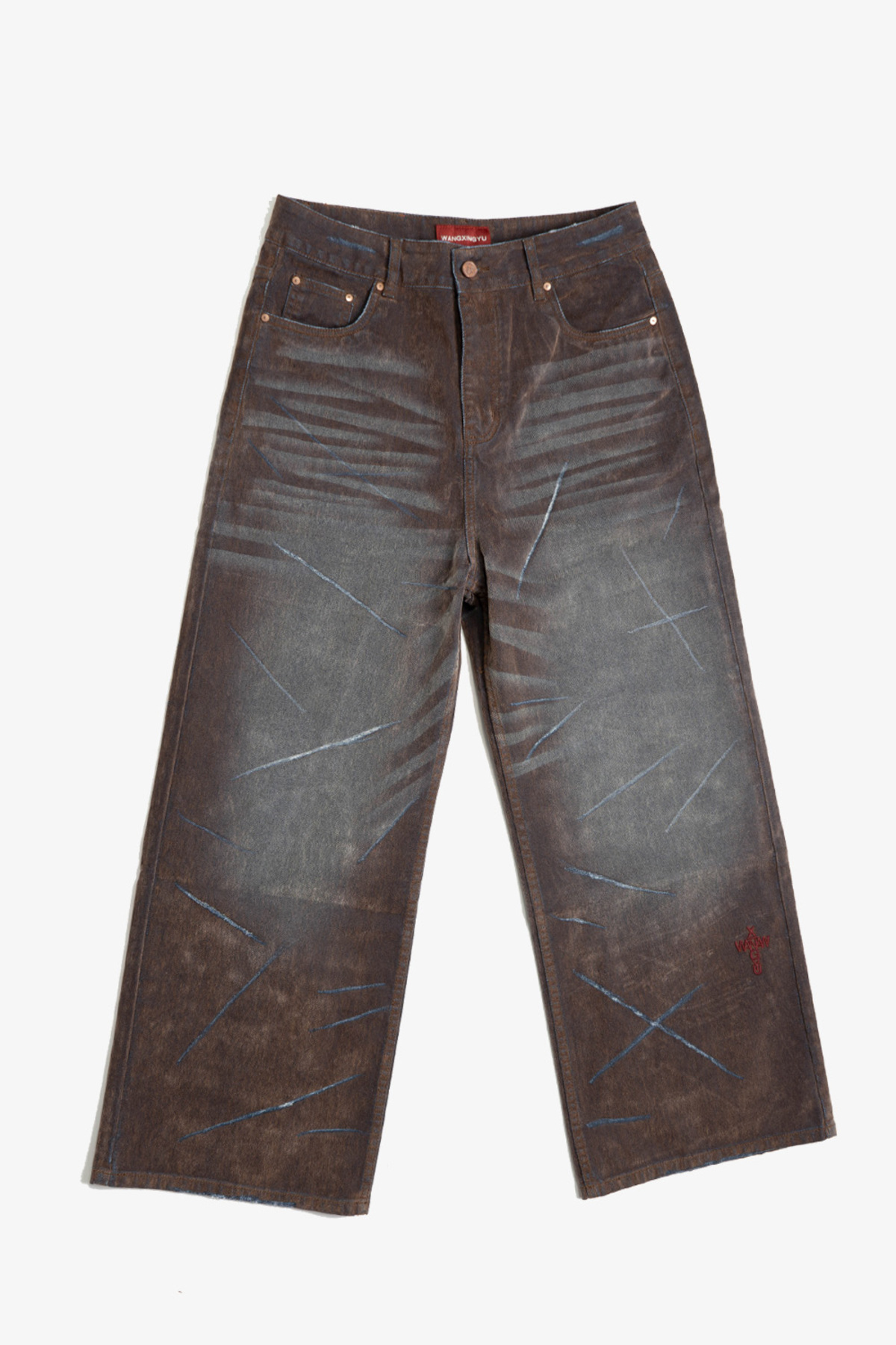 wangxingyu Slashed Washed Baggy Flocked Jeans - Image 1 of 9