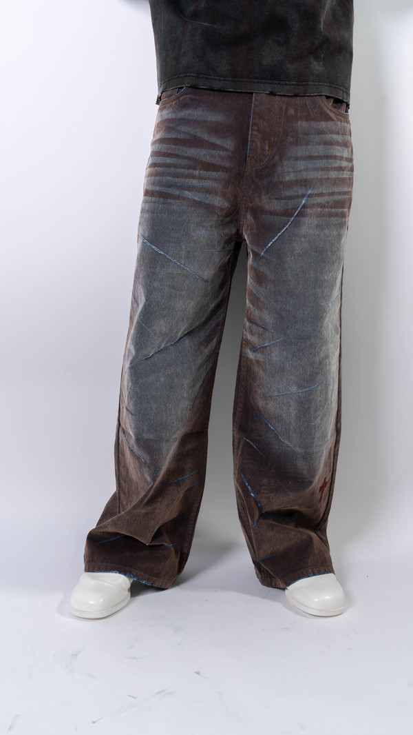 wangxingyu Slashed Washed Baggy Flocked Jeans