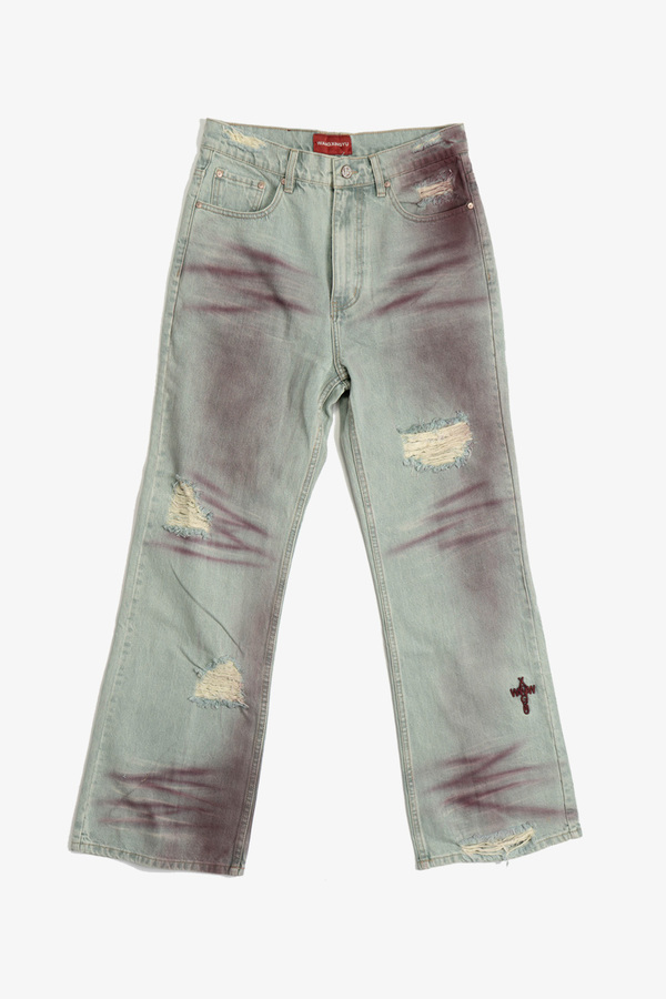 wangxingyu Spray-Dyed Whiskered Flared Jeans