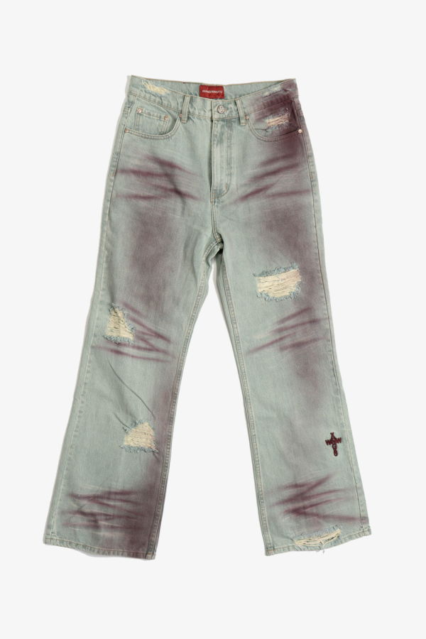 wangxingyu Spray-Dyed Whiskered Flared Jeans