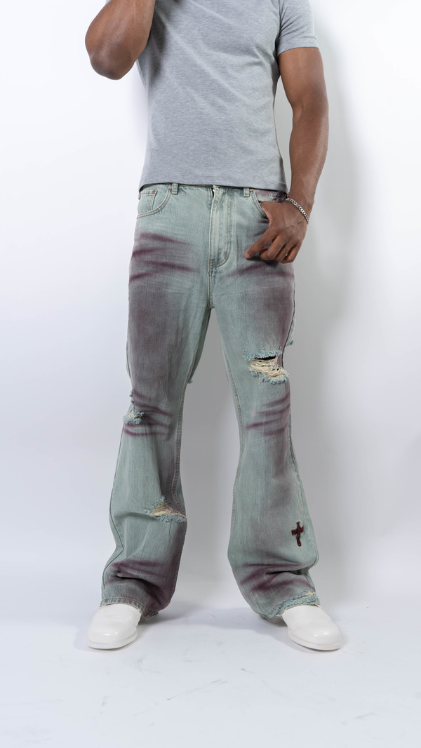 wangxingyu Spray-Dyed Whiskered Flared Jeans