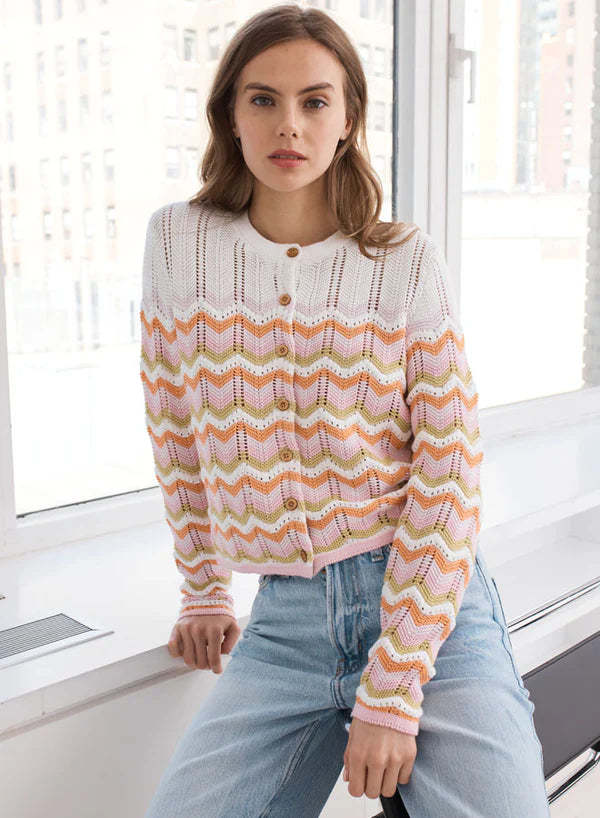Autumn Cashmere Boxy Zig Zag Stitch Crew Cardigan Sweater - Latte Combo