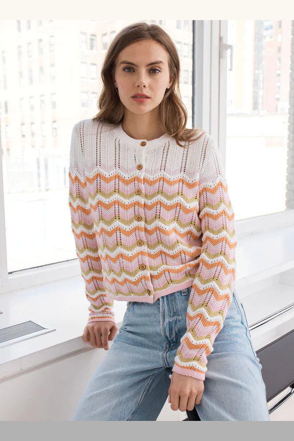 Autumn Cashmere Boxy Zig Zag Stitch Crew Cardigan Sweater - Latte Combo