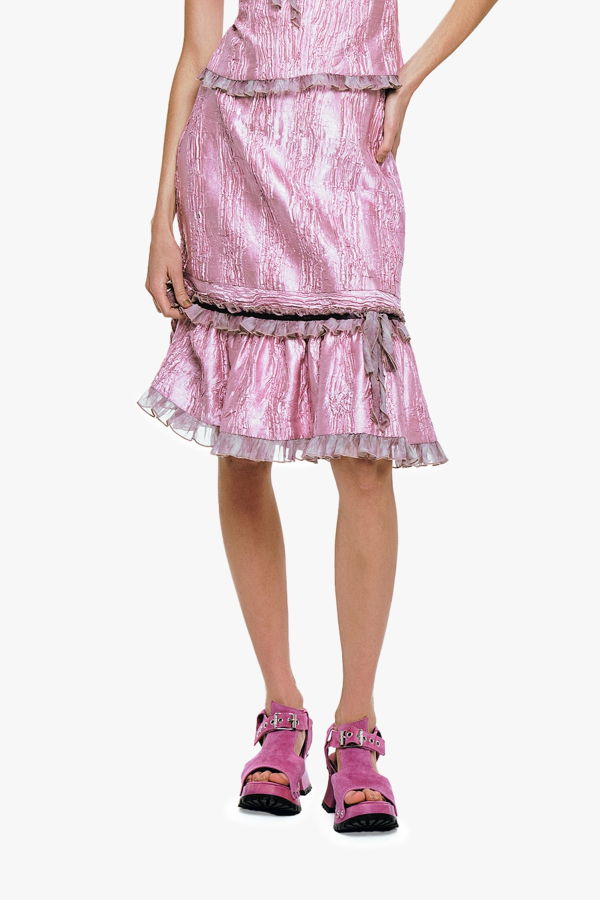 Anna Sui Crushed Satin Ruffle Midi Skirt
