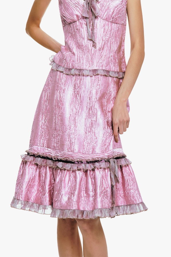 Anna Sui Crushed Satin Ruffle Midi Skirt