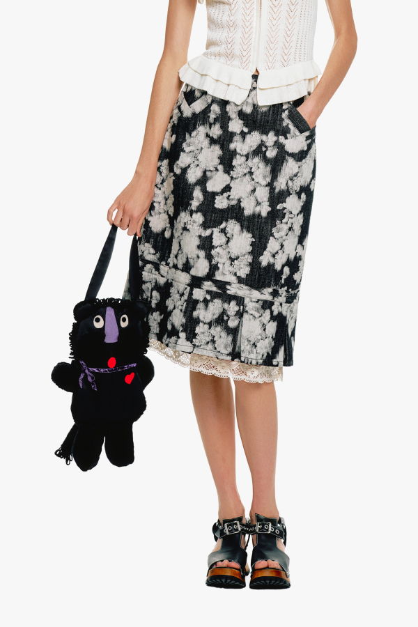 Anna Sui Rose Illusion Denim Lace Trimmed Skirt