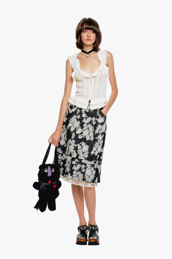 Anna Sui Rose Illusion Denim Lace Trimmed Skirt