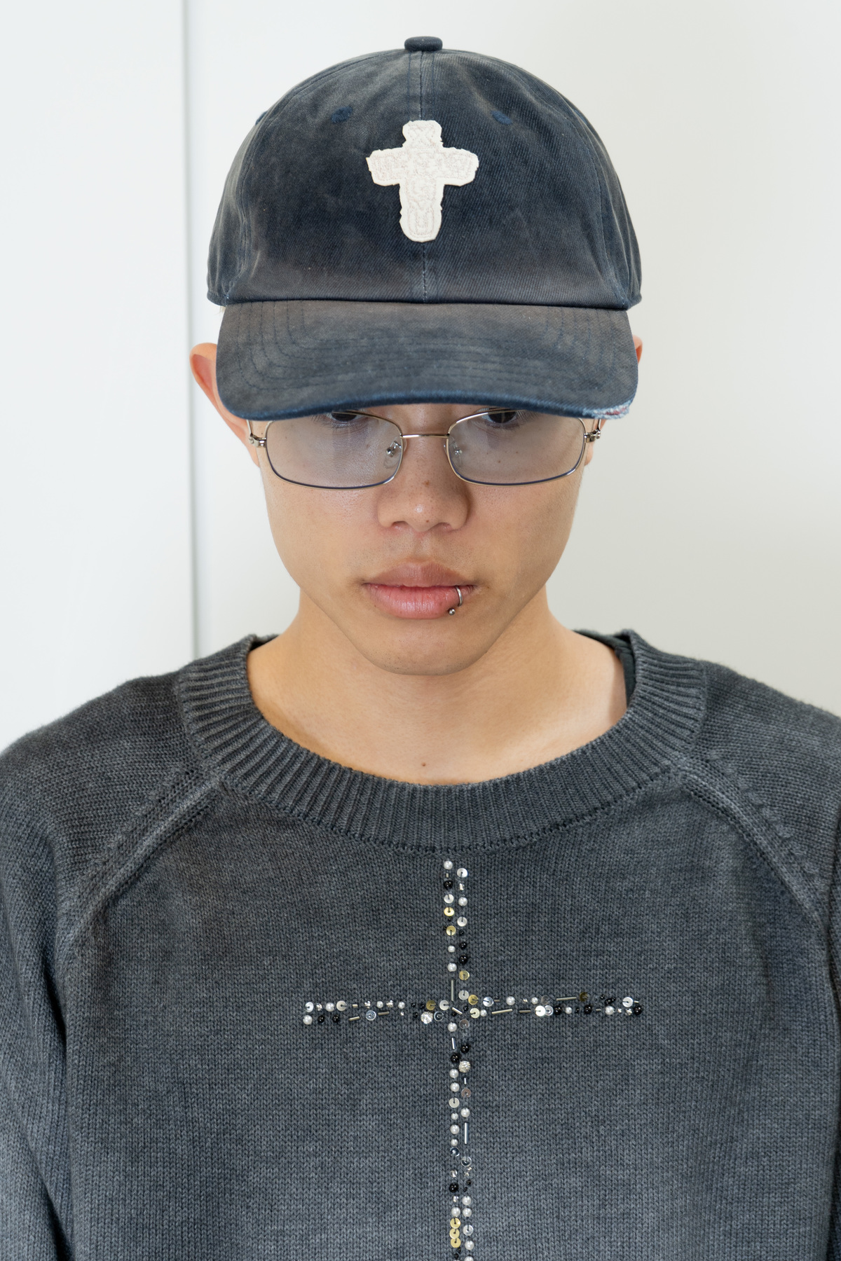 Wangxingyu Flocked Denim Patch Washed Cap - Image 1 of 3