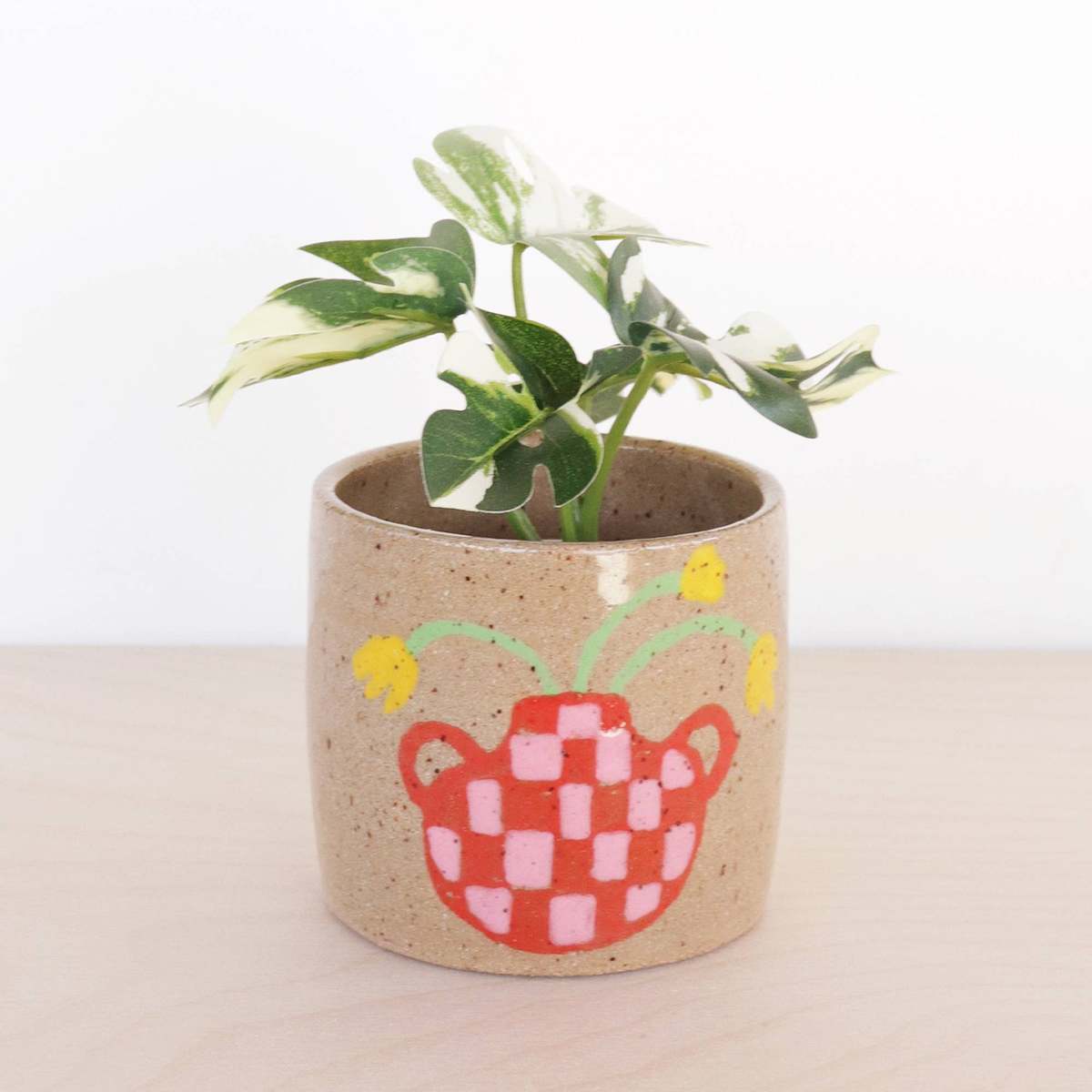 Nightshift Ceramics Small Ceramic Planter, Floral Vase - Checkerboard - Image 1 of 2