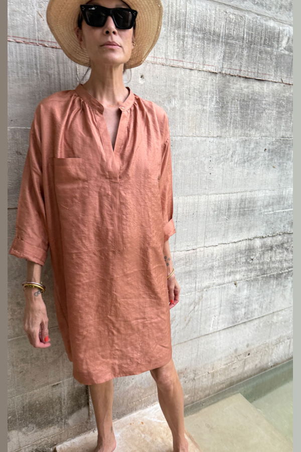 Two Silk Long Sleeve Button Tunic - Copper