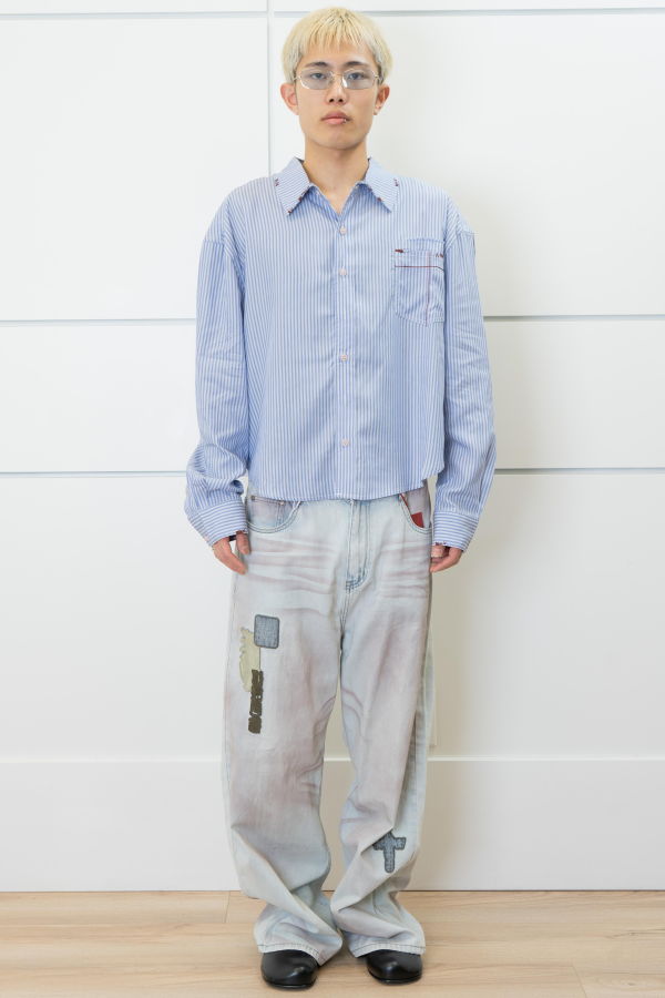 wangxingyu Cross Patch Pocket Striped Shirt