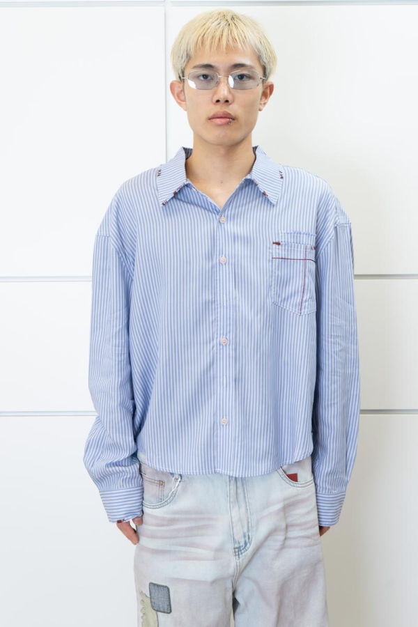 wangxingyu Cross Patch Pocket Striped Shirt