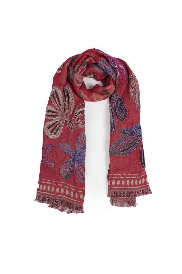 Vismaya Canyon Petal Embroidered Scarf - Red