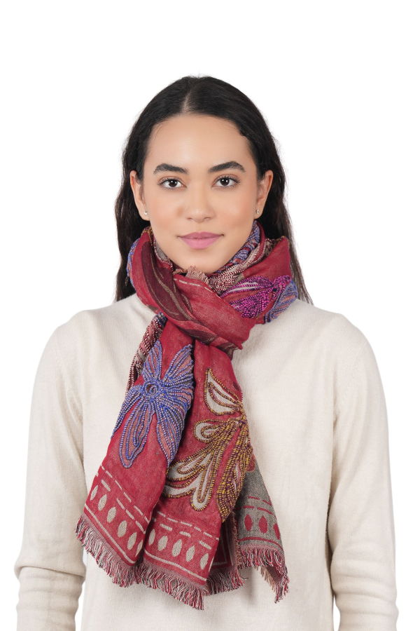 Vismaya Canyon Petal Embroidered Scarf - Red