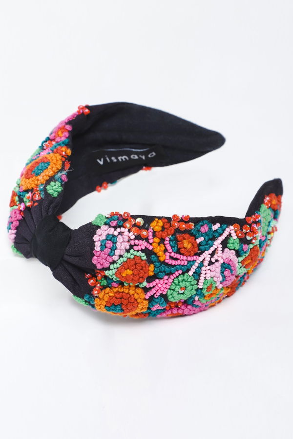 Vismaya Floral Embroidered Headband - Black