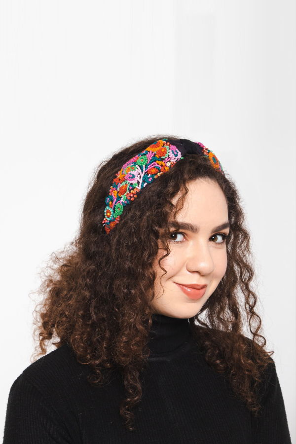 Vismaya Floral Embroidered Headband - Black