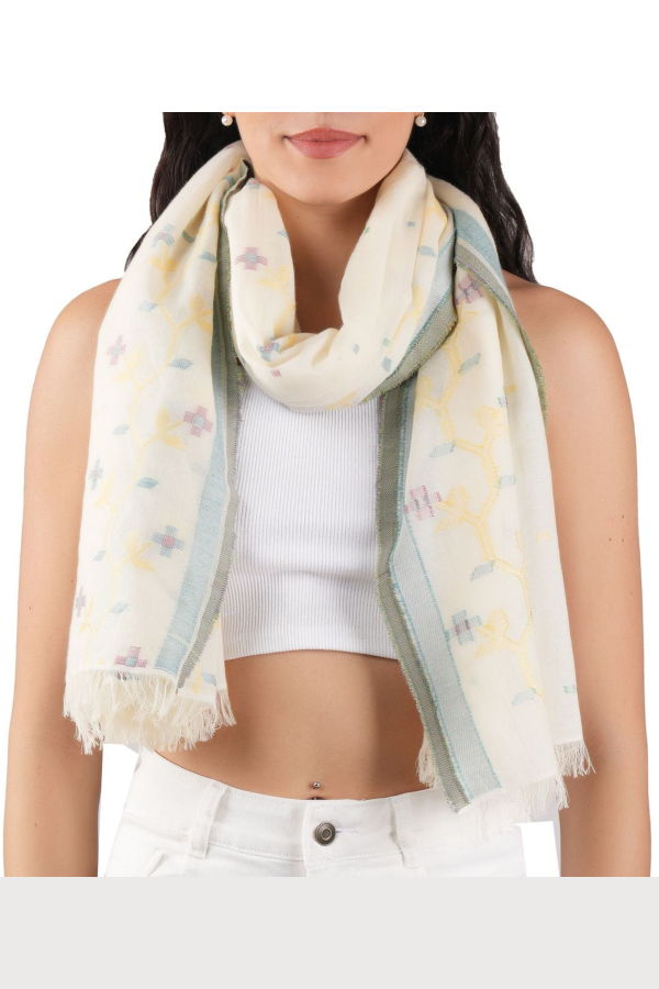 Vismaya Florette Woven Cotton Scarf - Beige