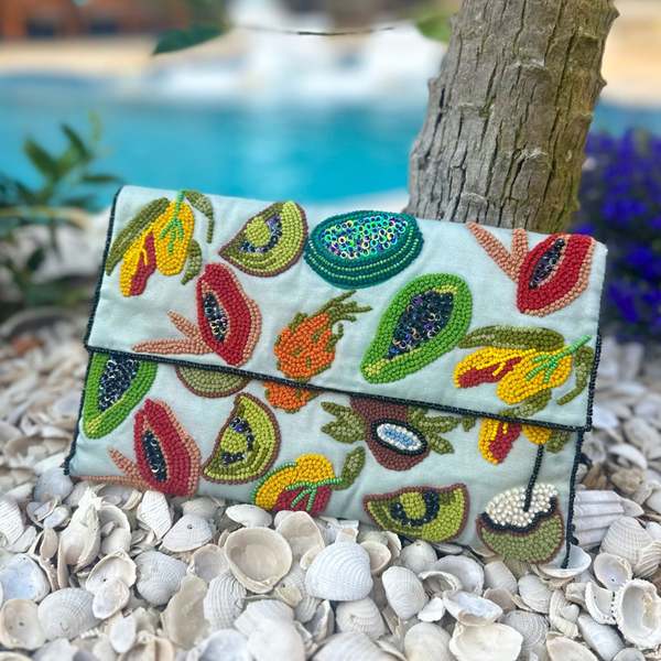 Vismaya Fruit Embroidered Clutch - Green