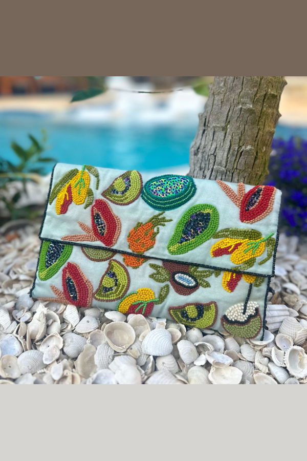 Vismaya Fruit Embroidered Clutch - Green