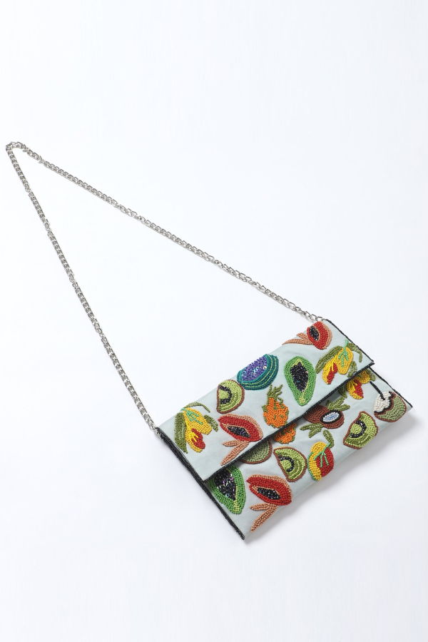 Vismaya Fruit Embroidered Clutch - Green