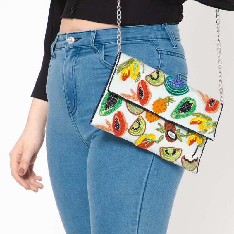 Vismaya Fruit Embroidered Clutch - Green