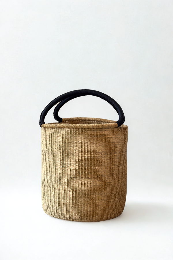 Mbare Handwoven Double Weave Hamper Basket with Black Leather Handles