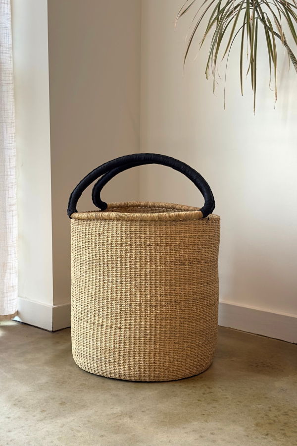 Mbare Handwoven Double Weave Hamper Basket with Black Leather Handles