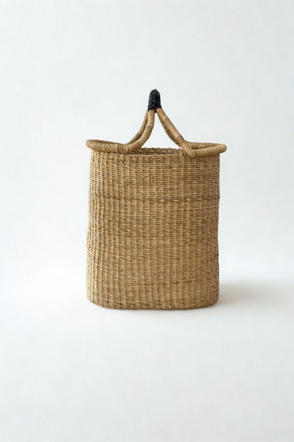 Mbare Handwoven Double Weave Pot Basket with Black Leather Handle