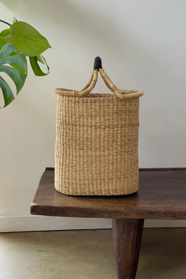 Mbare Handwoven Double Weave Pot Basket with Black Leather Handle