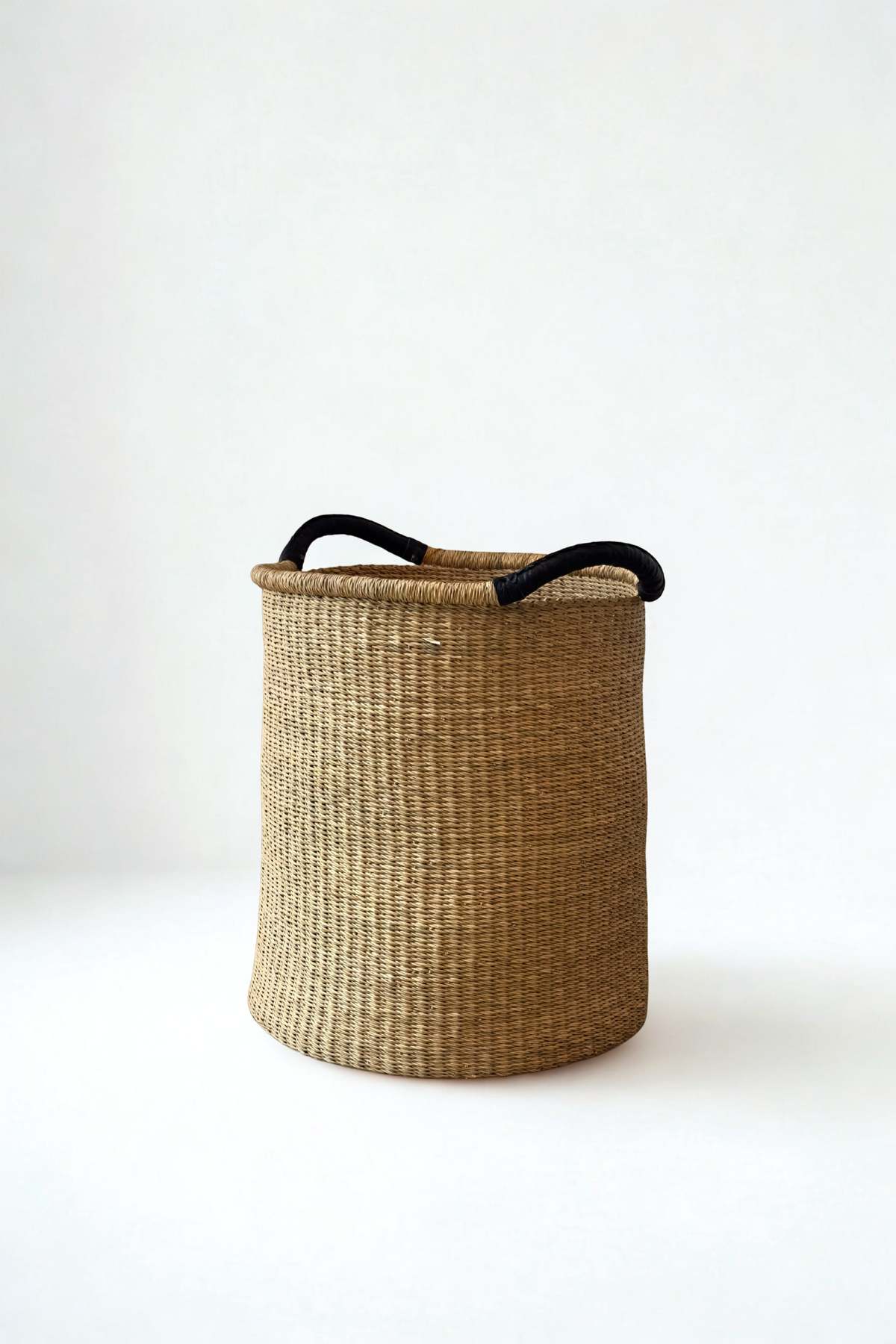 Mbare Handwoven Double Weave Pot Basket with Black Leather Handles - Image 1 of 4