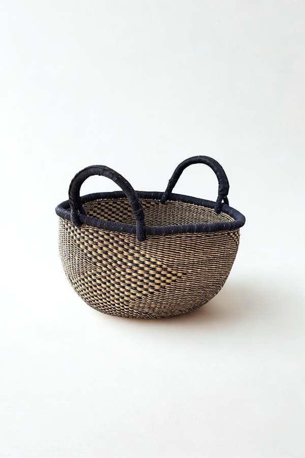Mbare Handwoven Natural & Black Checkerboard Bolga Basket