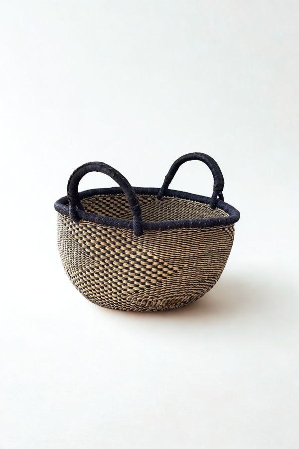 Mbare Handwoven Natural & Black Checkerboard Bolga Basket