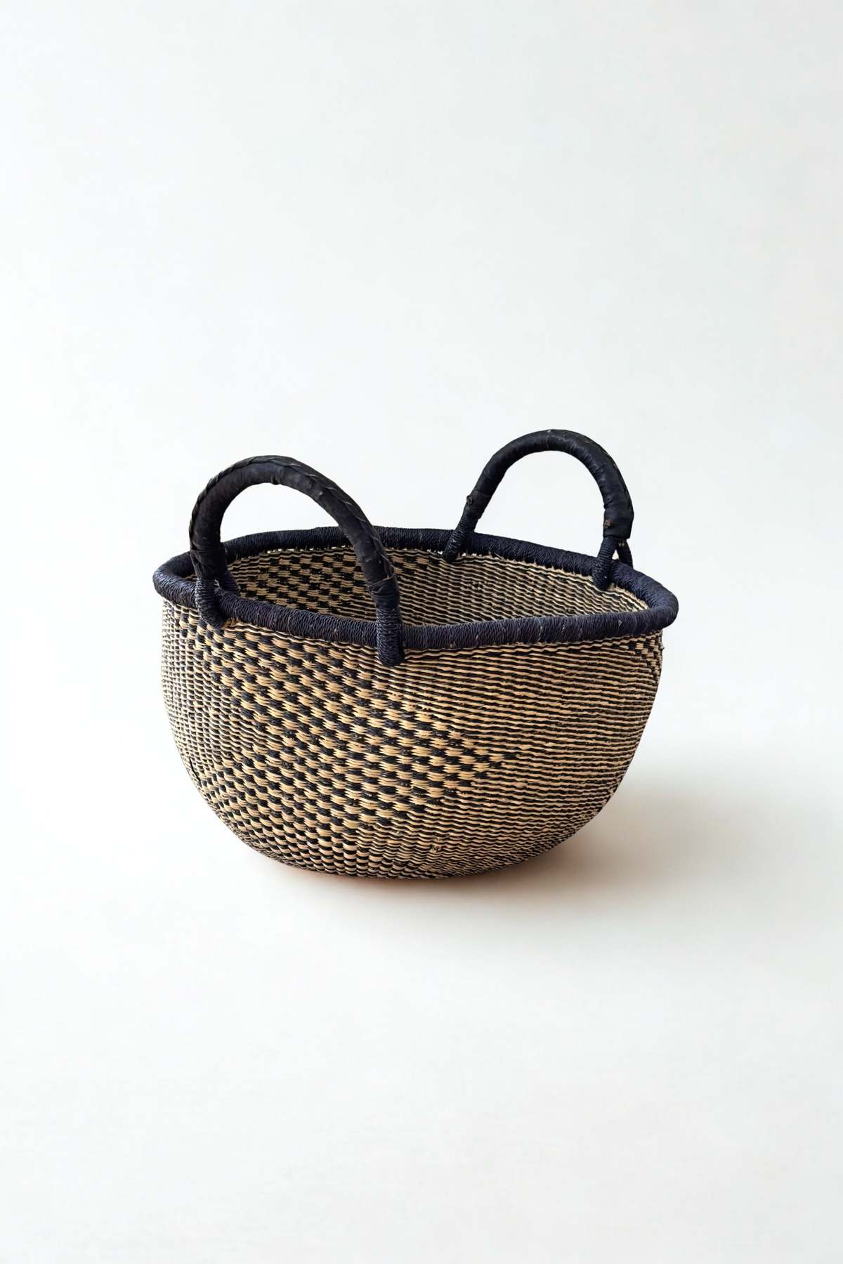 Mbare Handwoven Natural & Black Checkerboard Bolga Basket - Image 1 of 3
