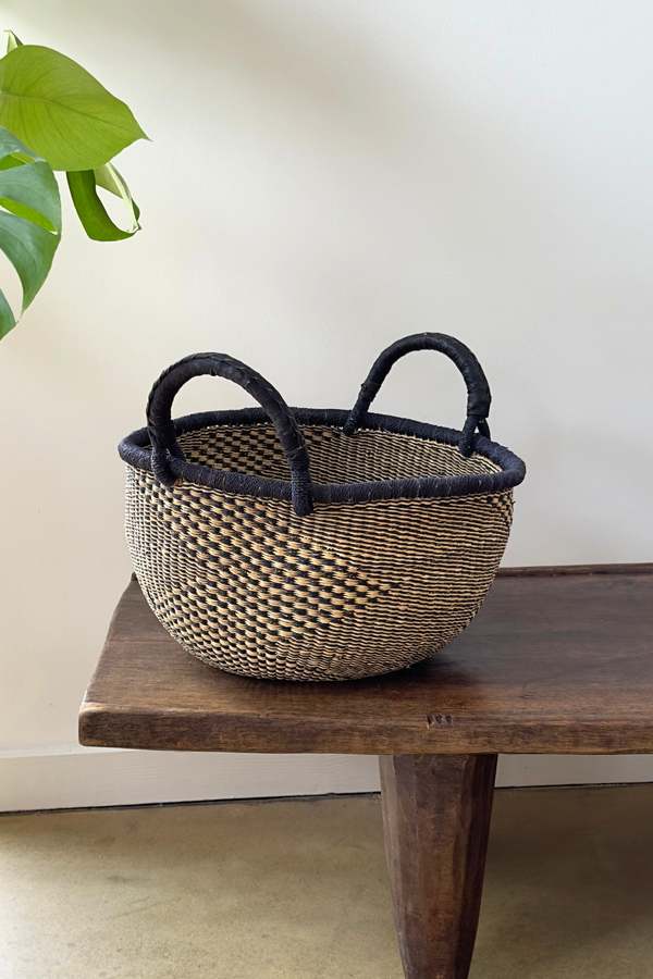 Mbare Handwoven Natural & Black Checkerboard Bolga Basket