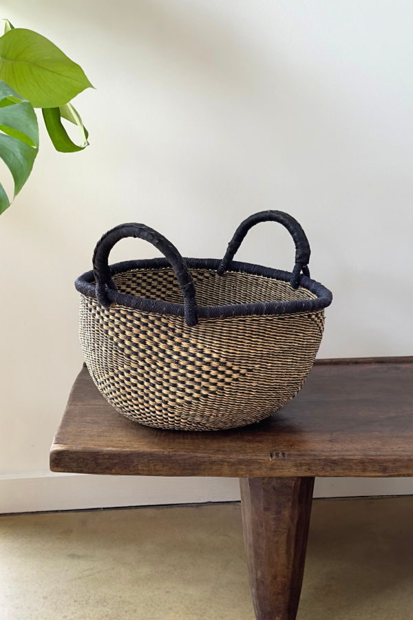 Mbare Handwoven Natural & Black Checkerboard Bolga Basket