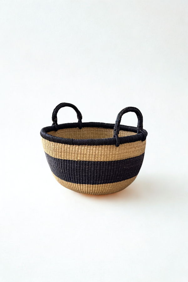 Mbare Handwoven Natural & Black Stripe Bolga Large Round Basket