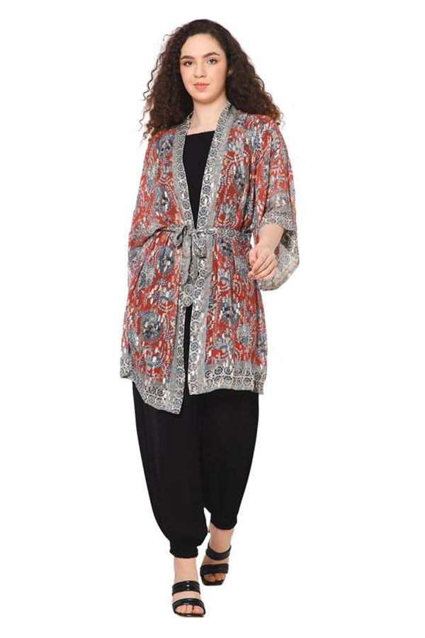 Vismaya Impressionist Print Lurex Kimono - Crimson Grey
