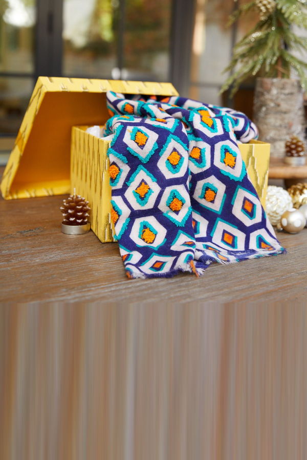 Vismaya Pentagon Embroidered Scarf - Navy Blue